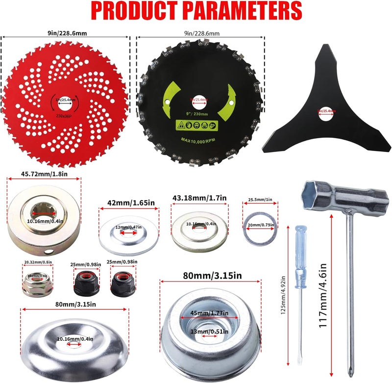 Azushwer 9" x 36 Teeth Carbide Tipped Blades & 9" x20T Carbon Steel Round Chainsaw Tooth Brush Blades & 10" x 3 Teeth Carbon Blades with Adapter Kit - Image 2